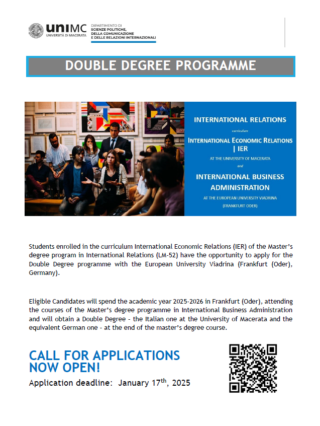  Call for applications for the double master's degree programme in International Relations, curriculum International Economic Relations at the University of Macerata (Italy) and in International Business Administration at the European University Viadrina 