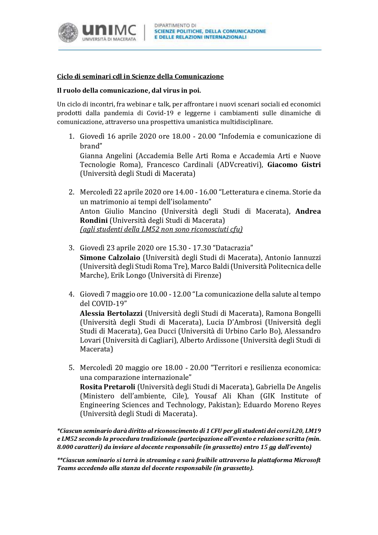 Ciclo di seminari cdl in Scienze della Comunicazione (aprile-maggio)