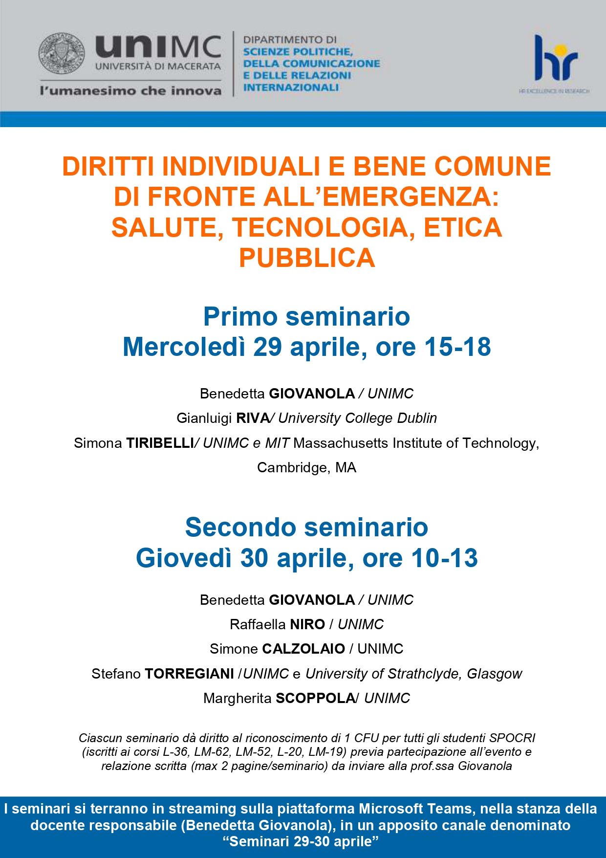 ciclo seminari: DIRITTI INDIVIDUALI E BENE COMUNE DI FRONTE ALL’EMERGENZA: SALUTE, TECNOLOGIA, ETICA PUBBLICA