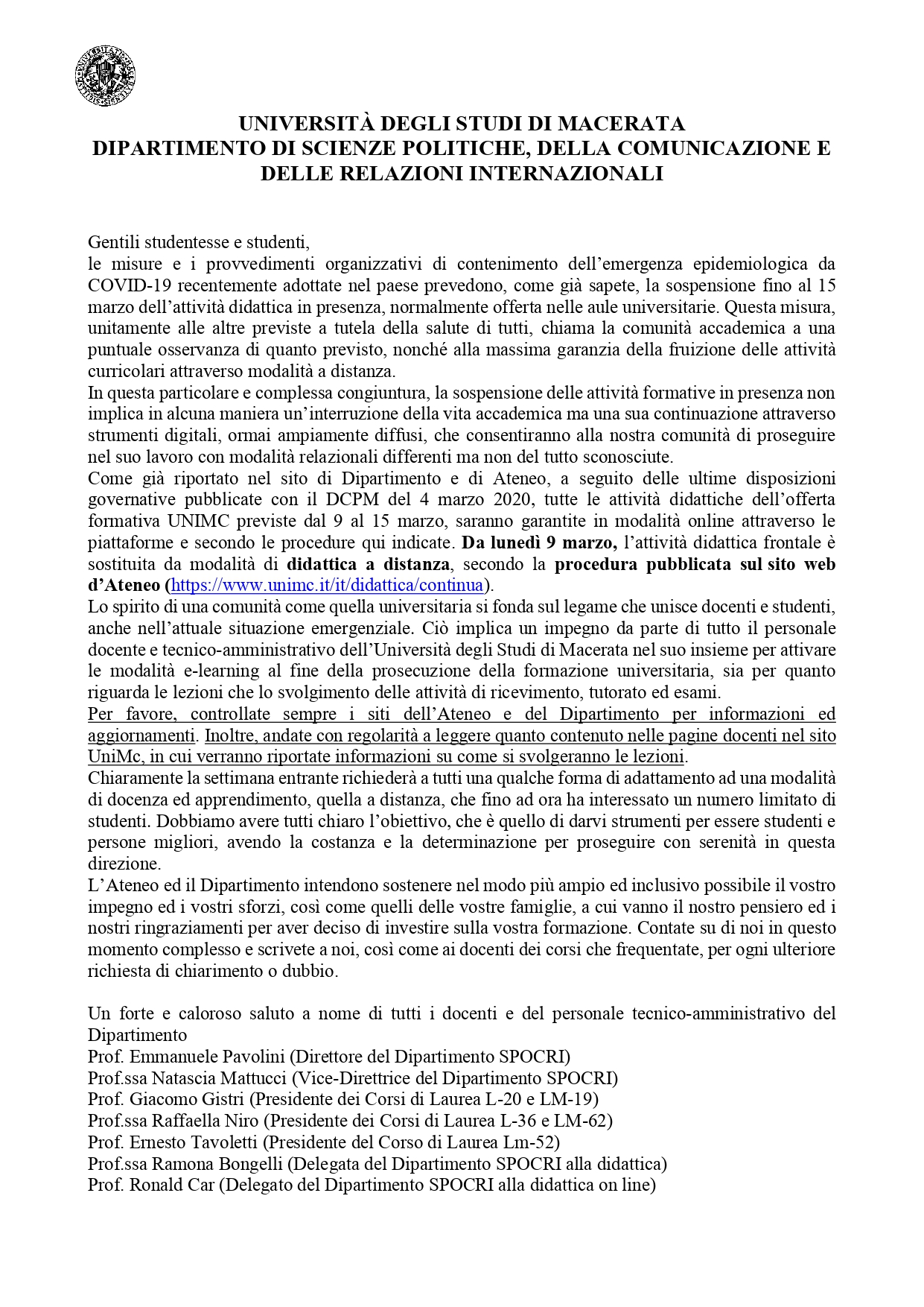 Lettera agli studenti del Dipartimento SPOCRI