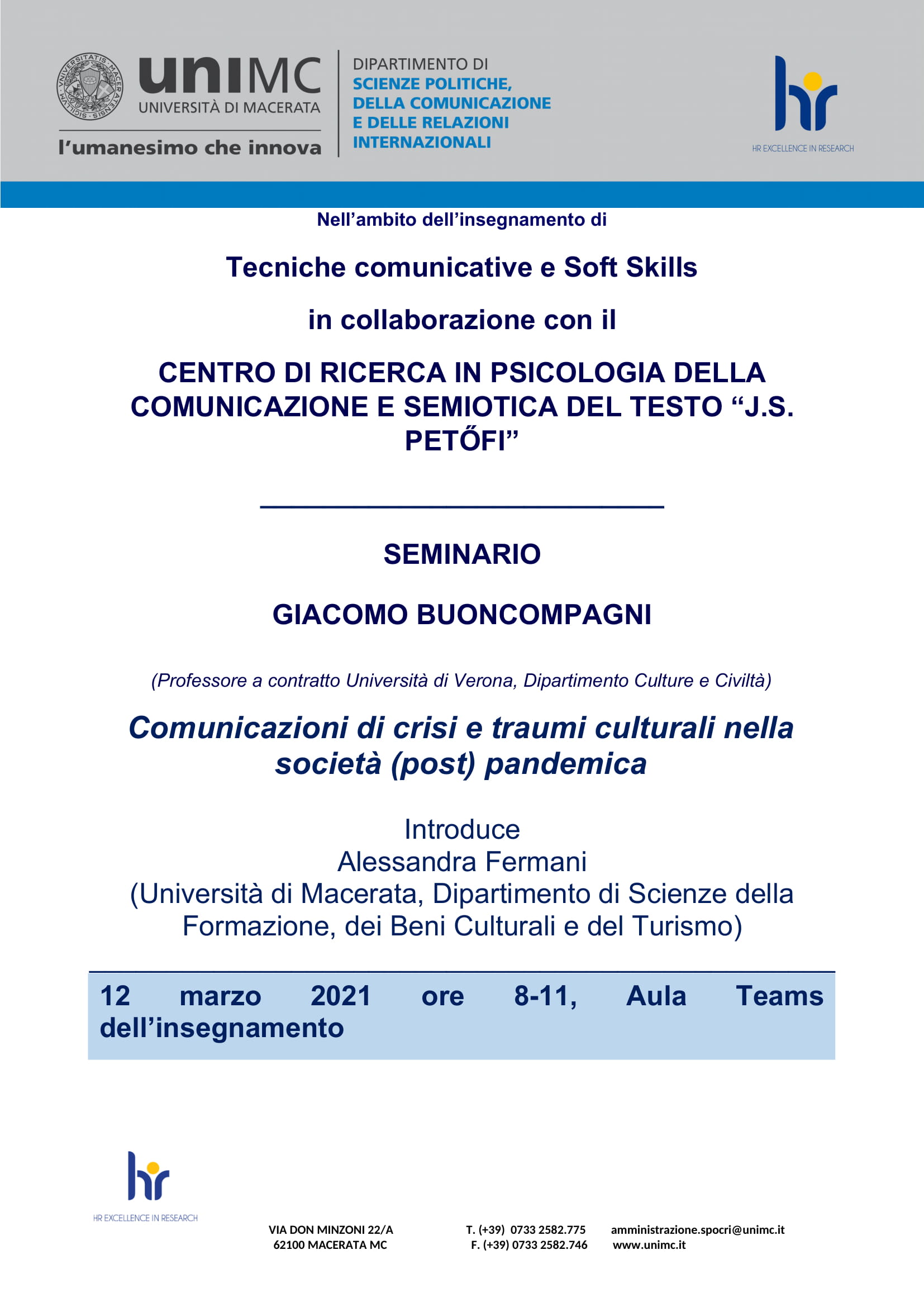 Seminario: "Comunicazioni di crisi e traumi culturali nella società (post) pandemica"